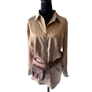Women's 1X Lauren Ralph Lauren Satin Button Shirt Tan‎ Long Sleeve
